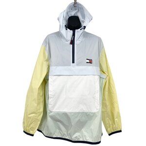 Tommy Jeans Men Large Packable Chicago Windbreaker Yellow Blue Half Zip Hoodie